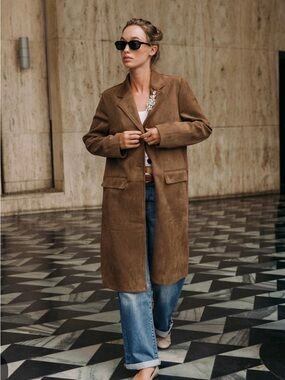 Zara Brown faux suede Frock coat with brooch 🤎